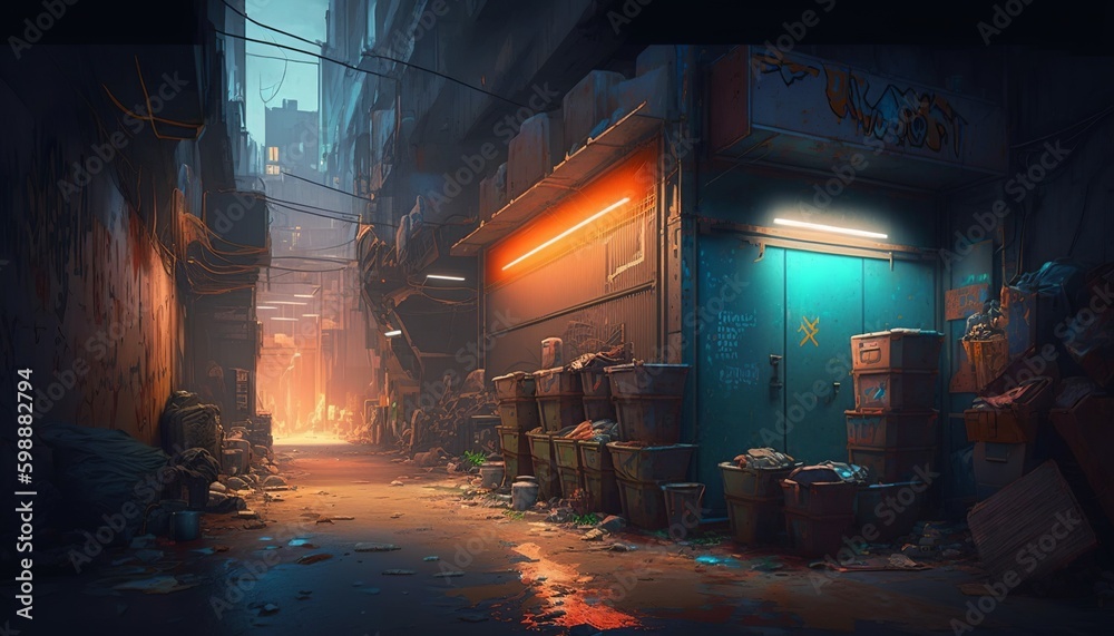 Dirty cyberpunk alley with a lot of garbage and billboards. Generative AI Dirty cyberpunk alley with a lot of garbage and billboards. Generative AI