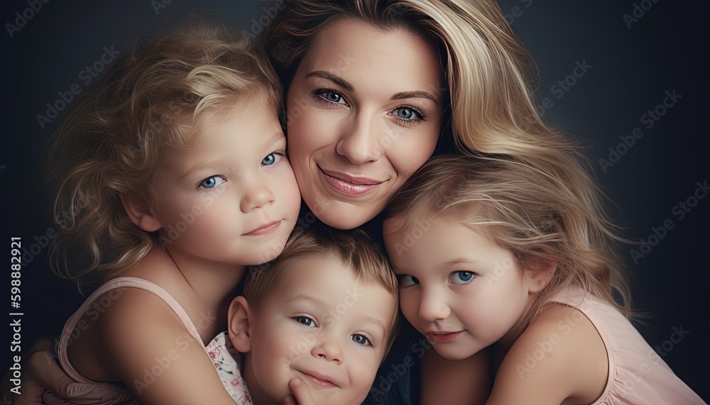Portrait of a blonde mother and kids, mothers day, womens day, generative ai Portrait of a blonde mother and kids, mothers day, womens day, generative ai