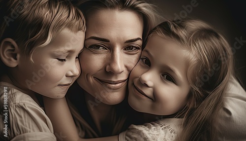 Portrait of a blonde mother and kids, mothers day, womens day, generative ai