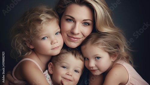 Portrait of a blonde mother and kids, mothers day, womens day, generative ai