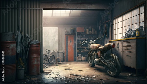 Dirty garage with a lot of tools on the shelves and an old rusty motorbike. Generative AI
