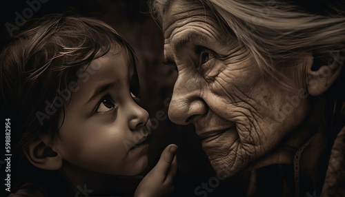 Grandmother talking with her grand daughter, mothers day, womens day, generative ai © Ace Studio