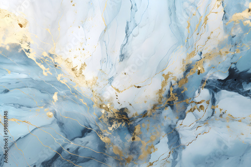 Elegant blue alcohol ink background with gold glitter elements. AI generative © Kislinka_K