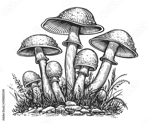 Poisonous mushrooms. Hand drawn sketch illustration. Family of inedible mushrooms, toadstool, fly agaric 