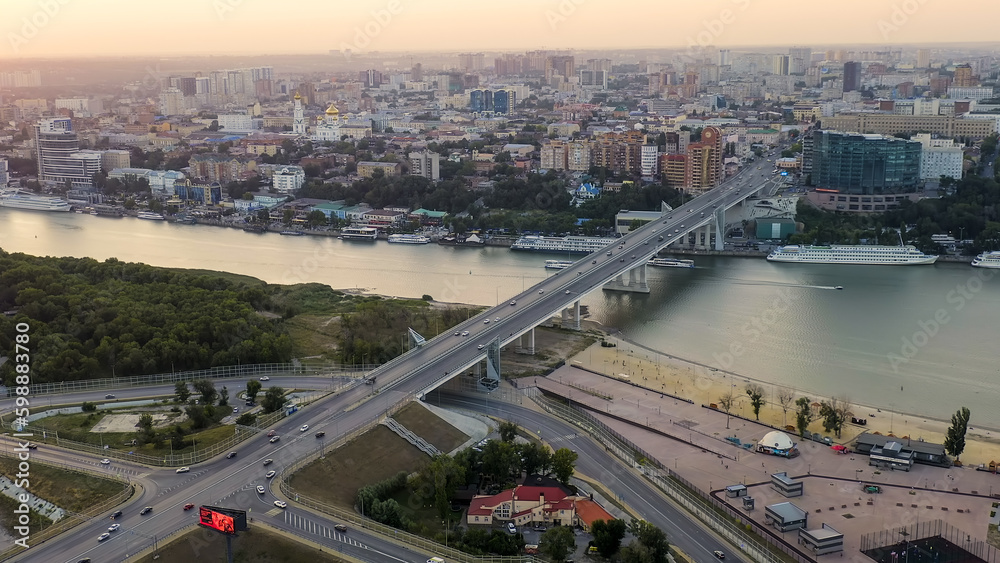 Rostov-on-Don, Russia - August 25, 2020: Temernitsky bridge over the Don river. Sunset Time, Aerial View