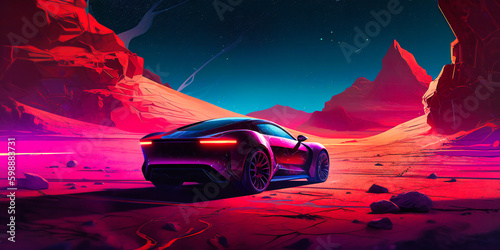 a red sports car driving through a landscape of planets and stars
