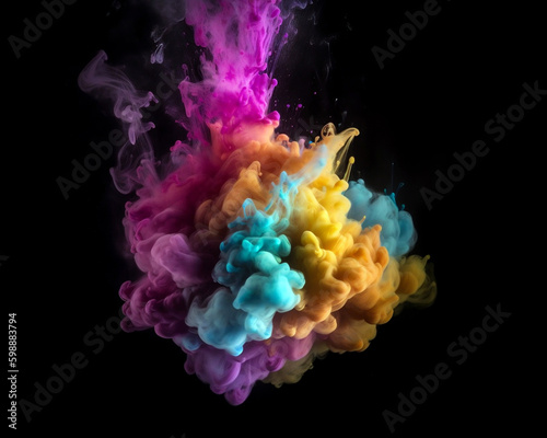 Color splash in water, colour ink dripped in liquid and powder explosion, AI generated background. Color blend of injection splash, abstract vibrant colors. Generative AI
