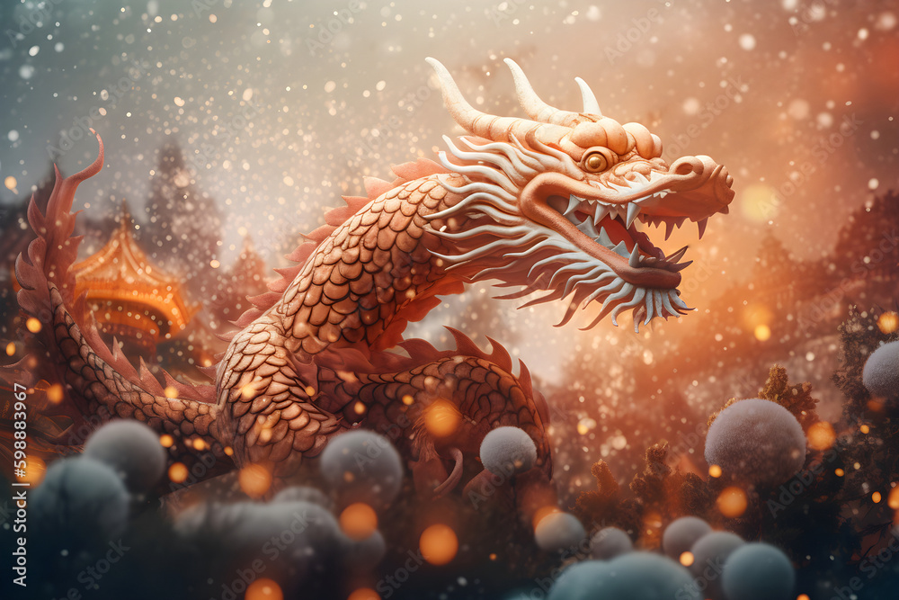 Dragon cartoon fantasy illustration in 3d style red and gold colors. Chinese Year of dragon