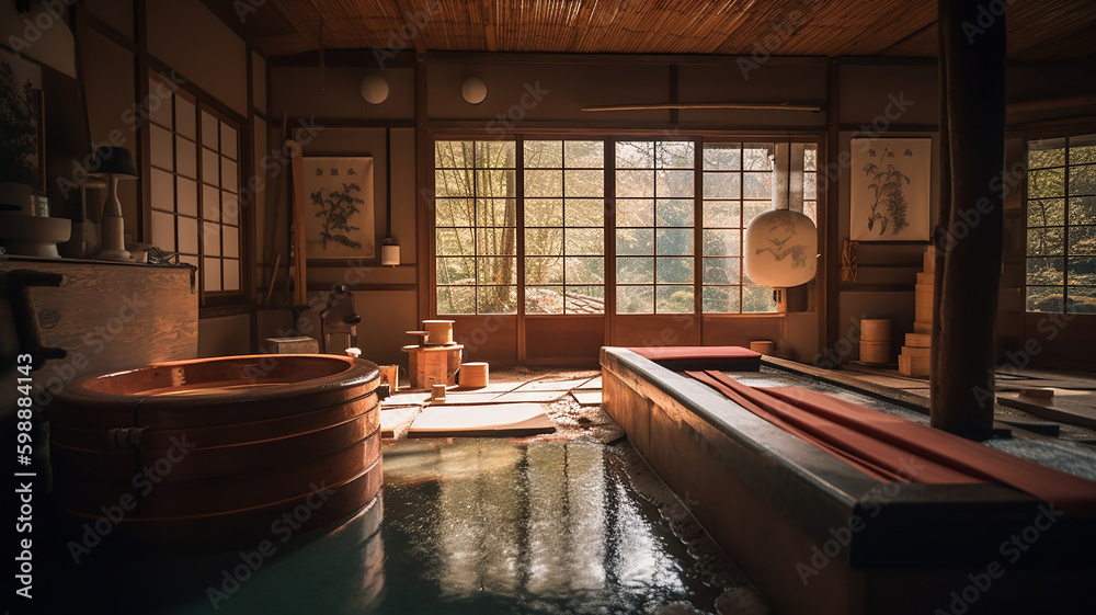 Japanese traditional style shower room named Onsen, hot spring. Generative Ai