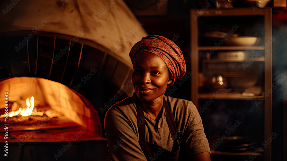 A fictional person. Passionate African Female Pizza Master at Work