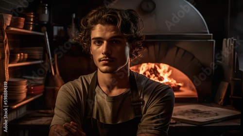 A fictional person. Passionate male pizza master crafting the perfect pizza in an Italian pizzeria
