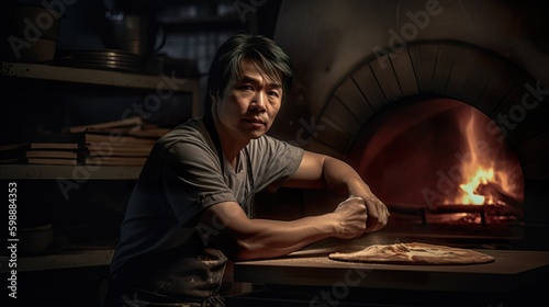 A fictional person. Passionate Asian male pizza master at work in a pizzeria