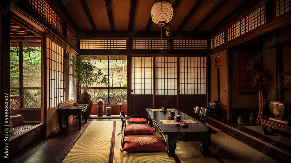 View from inside on japanese garden in Kyoto. Generative Ai View from inside on japanese garden in Kyoto. Generative Ai