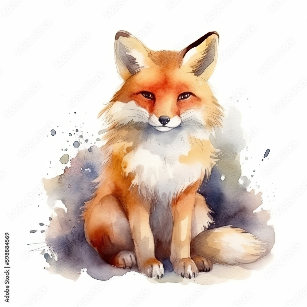 Fototapeta premium Cute Watercolour Fox character Illustration, Handsketched watercolor foxes drawing painting neutral pastel colours