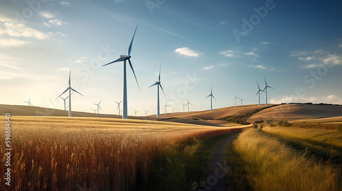 Wind turbines in a serene countryside landscape
