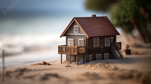 Miniature model of a wooden house on the coast. Generative Ai