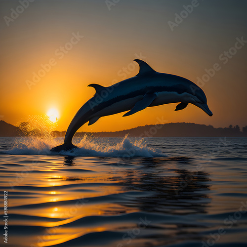 dolphin jumping at sunset, wildlife, nature, zoo, golden hour  © Yasir