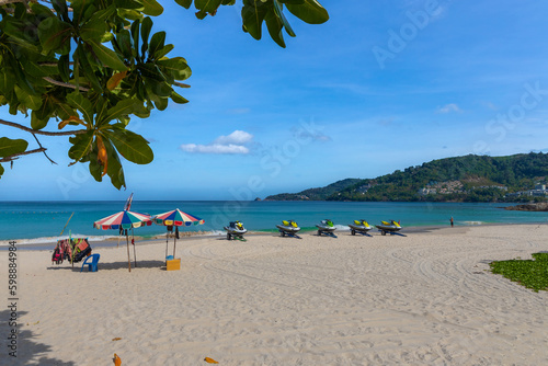 Fototapeta Naklejka Na Ścianę i Meble -  Patong Beach Phuket Thailand nice white sandy beach clear blue and turquoise waters and lovely blue skies with Palms tree