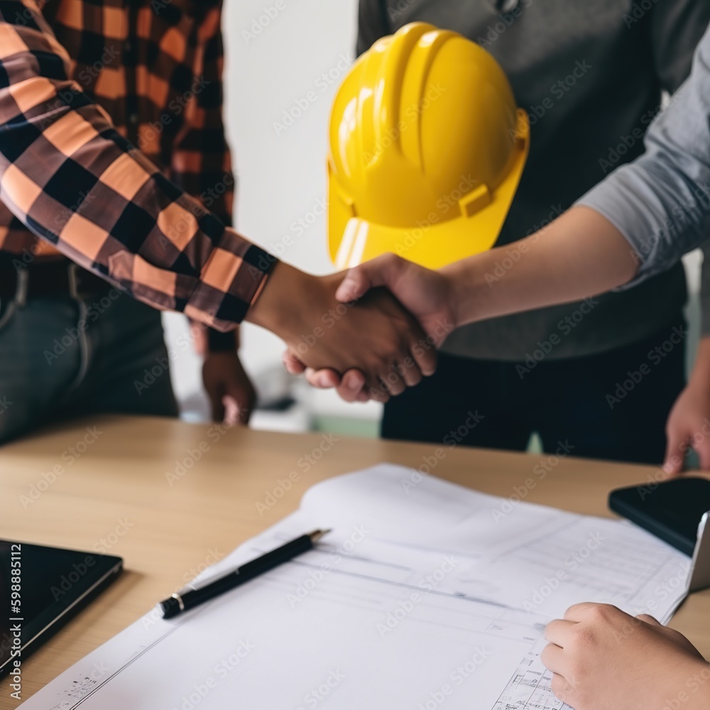 construction crew shakes hands and starts a new project plan to discuss their building project. generative AI