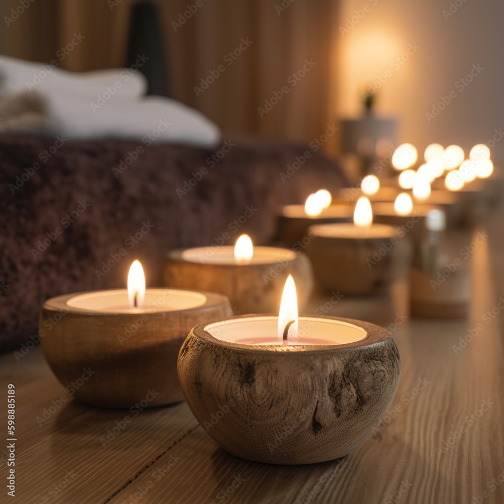 In the wellness center, spa treatments are performed on wooden tables, and the atmosphere is lit by candles. generative AI In the wellness center, spa treatments are performed on wooden tables, and the atmosphere is lit by candles. generative AI