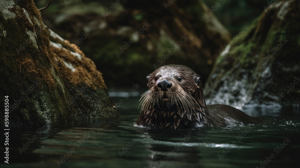 a sea otter swimming in the water near rocks and tree Gererative AI a sea otter swimming in the water near rocks and tree Gererative AI