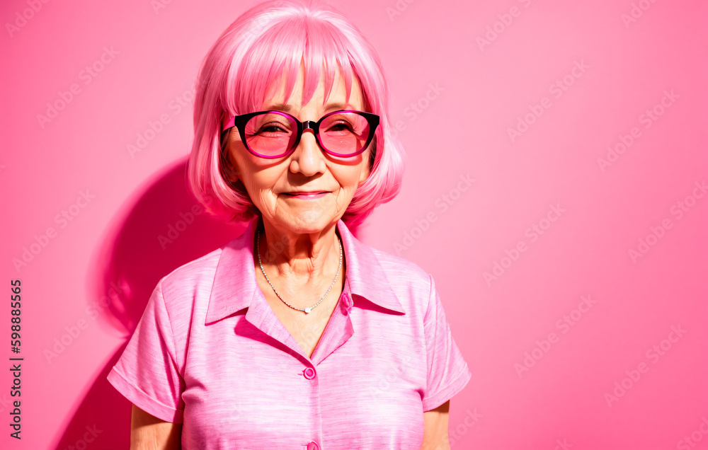 Old woman with pink hair and pink glasses on a pink background