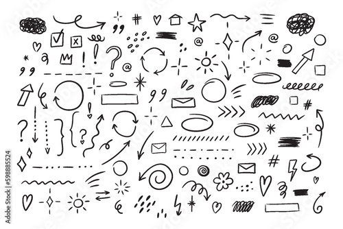 Hand drawn set of simple decorative elements. Various icons such as hearts, stars, speech bubbles, arrows, lines isolated on white background.