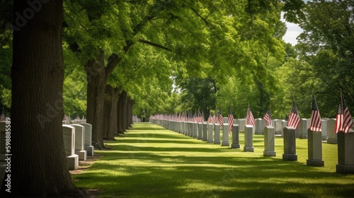 American flags on tombs of American Veterans on Memorial Day, Veterans Day, Generative AI