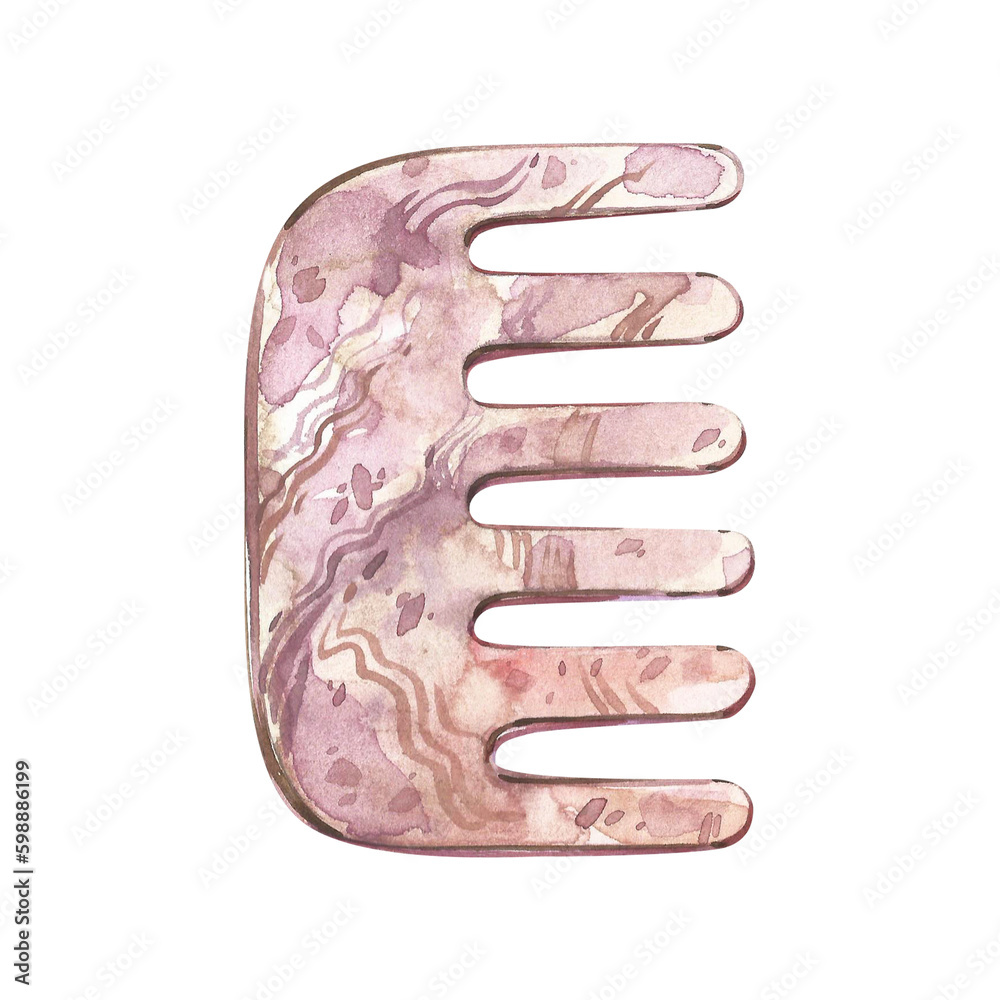 Stone quartz massager hair comb gua sha isolated on white background. Watercolor hand drawn illustration. Art for design