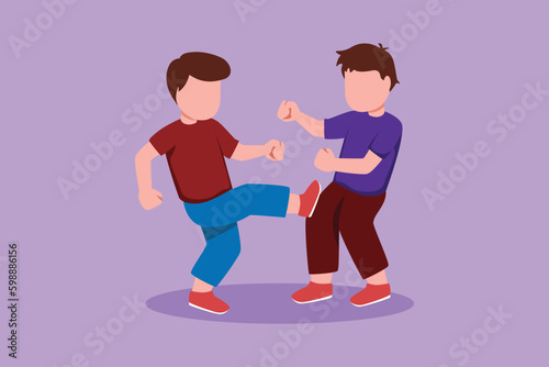 Character flat drawing angry preschool little boys fighting each other kicking legs. Aggressive bully kids fight. Bullying children. Childhood aggression violence. Cartoon design vector illustration