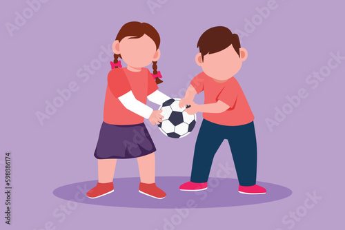 Character flat drawing little girl and boy brother sister fighting over a ball. Conflict between children. Adorable kids sibling fighting in playroom because of toy. Cartoon design vector illustration