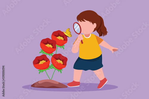 Graphic flat design drawing adorable little girl using magnifying glass and observing butterfly on leaf. Children observing nature. Kids activities at outdoor garden. Cartoon style vector illustration