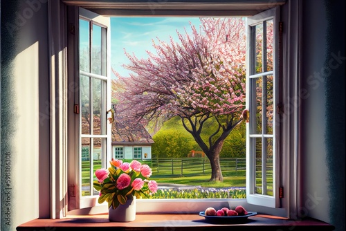 beautiful spring view from window Generetad AI photo