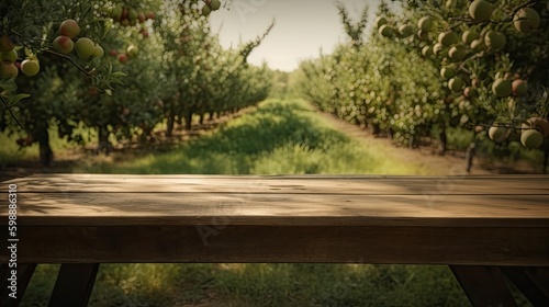 An empty wooden table in the foreground  on the background garden Generative AI