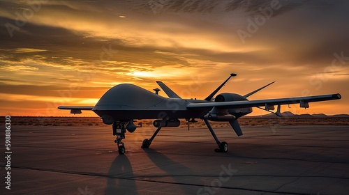 Unmanned Combat Aerial Vehicle at a military airfield against the sunset, Generated AI