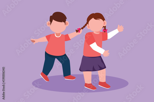 Cartoon flat style drawing of bullying children. Angry little boy pulling girl's hair. She look of shock and pain. Problem of physical bullying at school playground. Graphic design vector illustration