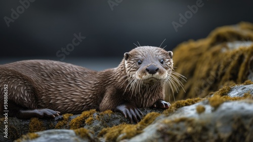 An Eurasian otter Lutra photographed on a rock Generative AI