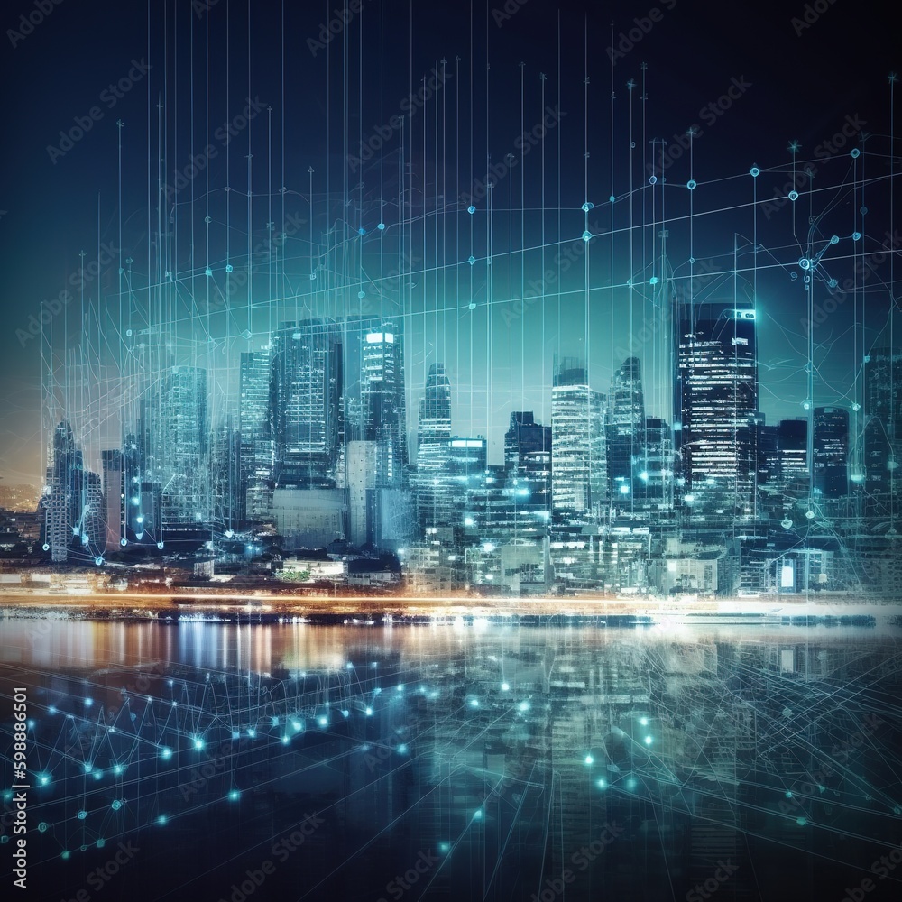 Smart city and huge data connectivity technology concept with digital night city skyline. generative ai Smart city and huge data connectivity technology concept with digital night city skyline. generative ai