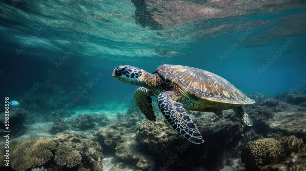 Fototapeta premium Beautiful Green sea turtle swimming in tropical island Sea Generative AI