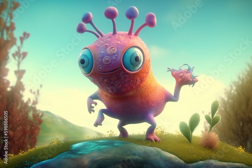 A whimsical illustration of a creature or character from a children's book in a playful landscape, Generative AI