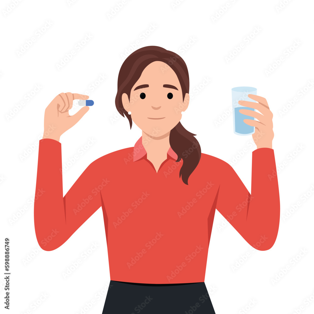 Happy young woman standing with glass of water take daily dose of vitamins. Happy girl take painkiller or antidepressant. Medication and drugs. Happy young woman standing with glass of water take daily dose of vitamins. Happy girl take painkiller or antidepressant. Medication and drugs.