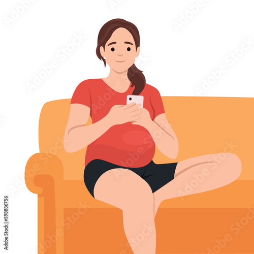 Vector illustration of a pregnant woman using a smartphone in the room sitting on a couch