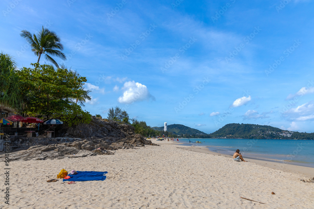 Patong Beach Phuket Thailand nice white sandy beach clear blue and turquoise waters and lovely blue skies with Palms tree sunset sunrise Patong Beach Phuket Thailand nice white sandy beach clear blue and turquoise waters and lovely blue skies with Palms tree sunset sunrise