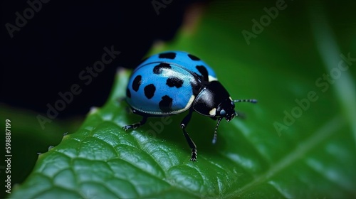 blue ladybug on green leave Macro shot Generative AI