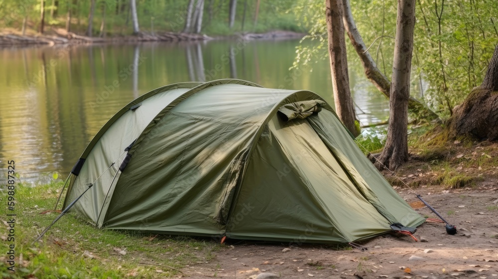 Camping green tent in forest near lake Generative AI