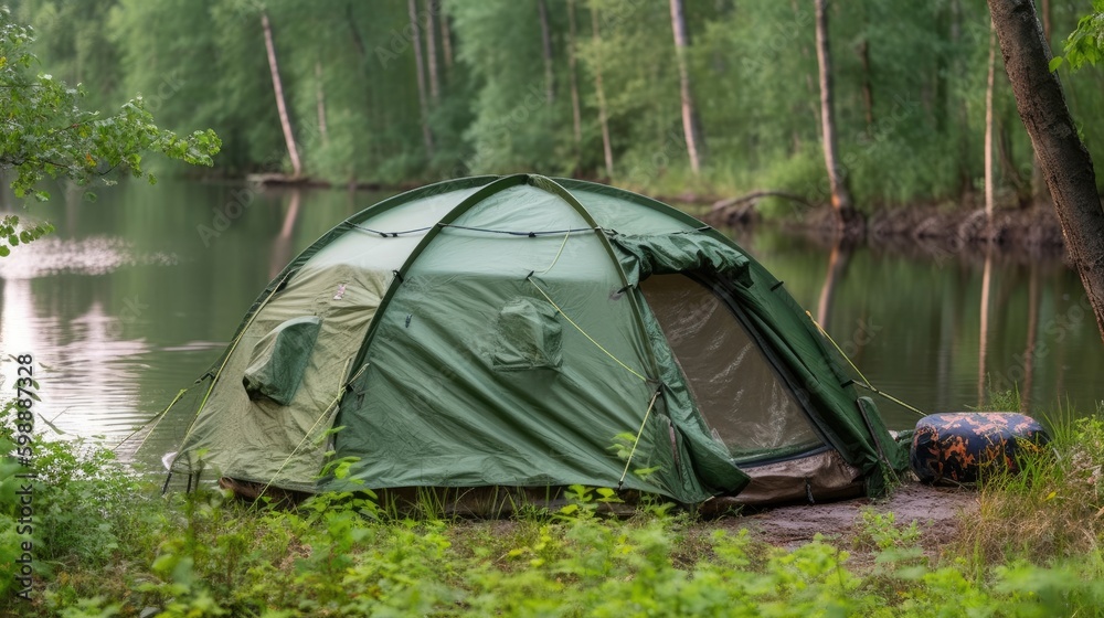 Camping green tent in forest near lake Generative AI