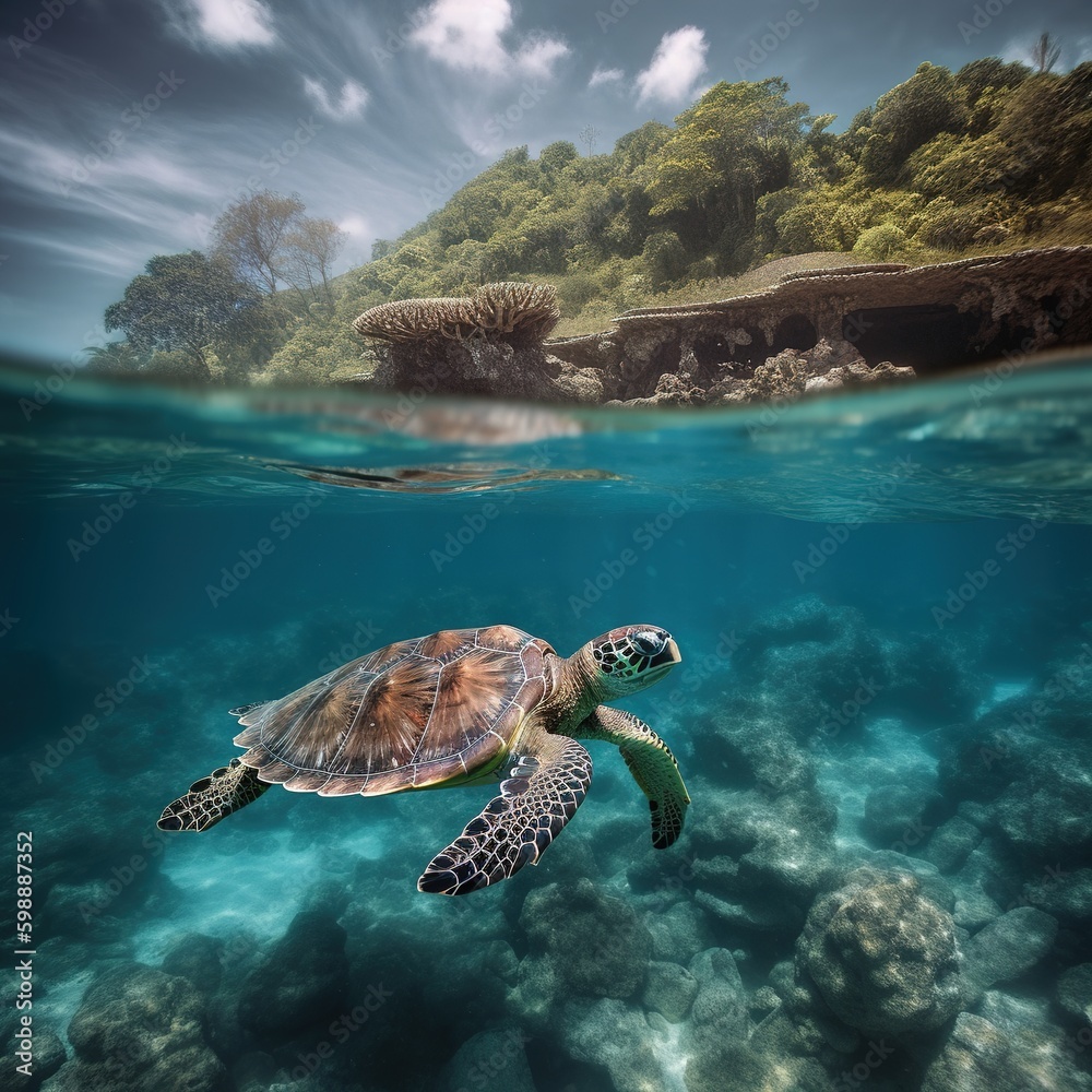 Turtle Swimming Under Tropical Sea's Crystal Clear Water. generative AI