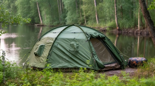 Camping green tent in forest near lake Generative AI