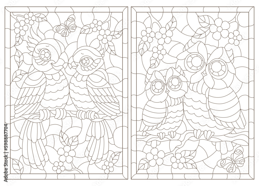 Set of contour illustrations of stained glass Windows with cute cartoon parakeets and owls on tree branches, dark outlines on a white background