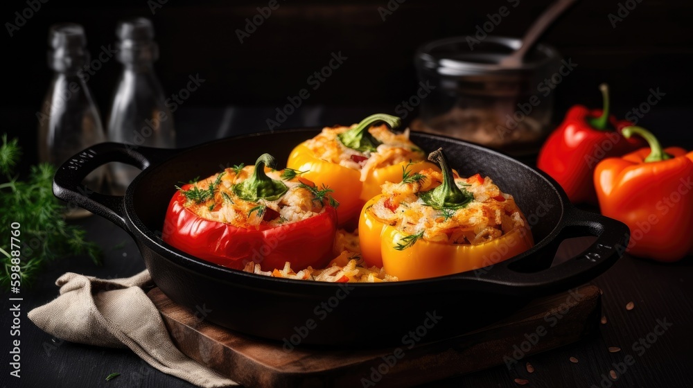 Delicious stuffed peppers in frying pan Generative AI Delicious stuffed peppers in frying pan Generative AI